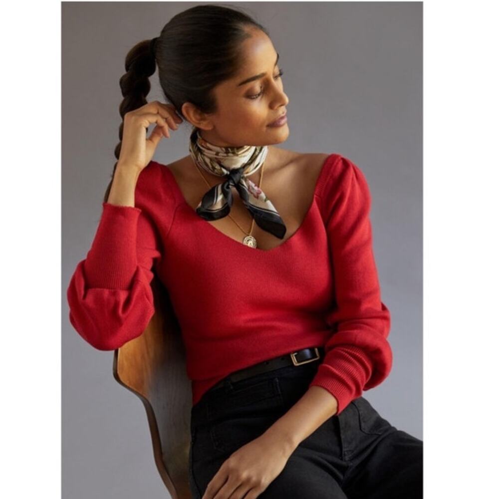 Anthropologie Sweetheart Puff Sleeve Sweater NEW Size Small NWT Red Sexy V Neck